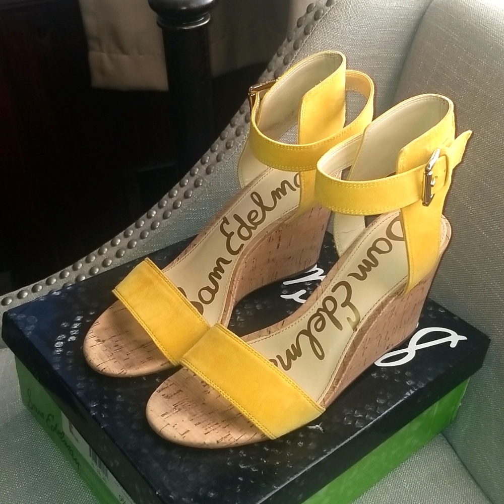 Willow yellow suede open toe wedge heel sandels with straps around ankle.